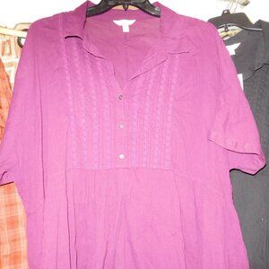 20W 22W 2X TERRA SKY BURGUNDY BABYDOLL TUNIC BLOUSE COTTON TWILL